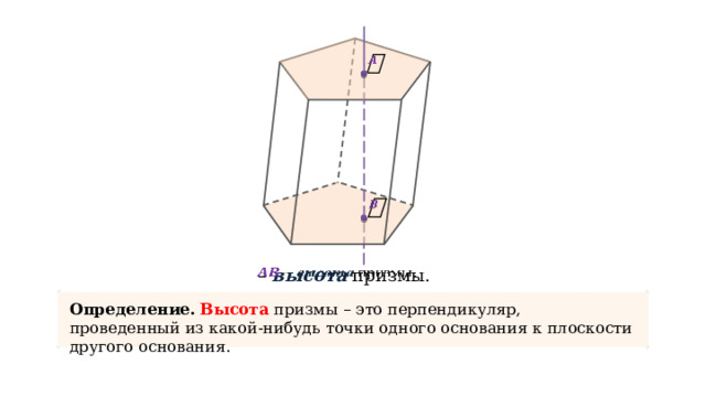     – высота призмы.   Определение.  Высота призмы – это перпендикуляр, проведенный из какой-нибудь точки одного основания к плоскости другого основания. 