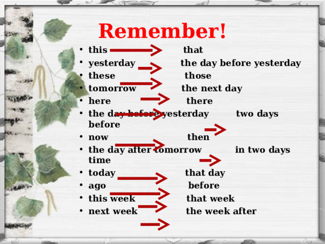 Remember! this that  yesterday the day before yesterday these those  tomorrow the next day here there  the day before yesterday  two days before now then  the day after tomorrow in two days time today that day  ago before this week that week next week the week after  