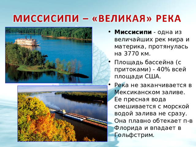 Миссисипи - одна из величайших рек мира  и материка, протянулась на 3770 км. Площадь бассейна (с притоками) - 40% всей площади США. Река не заканчивается в Мексиканском заливе. Ее пресная вода смешивается с морской водой залива не сразу. Она плавно обтекает п-в Флорида и впадает в Гольфстрим.  