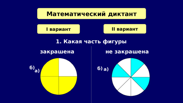 Математический диктант II вариант I вариант 1. Какая часть фигуры не закрашена закрашена б) б) а) а) 