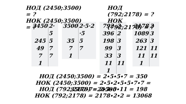  НОД (792;2178) = ? НОД (2450;3500) = ? НОК (792;2178) = ? НОК (2450;3500) = ? 2178 2450 792 3500 1089 396 2 35 2·5·2·5 245 2·5 2 5 5 2 3 7 263 49 198 121 3 3 7 7 99 1 7 11 3 7 11 33 1 1 3 11 11 11 1 № 231 НОД (2450;3500) = 2∙5∙5∙7 = 350 НОК (2450;3500) = 2∙5∙2∙5∙5∙7∙7 = 3500∙7=24500 НОД (792;2178) = 2∙3∙3∙11 = 198 НОК (792;2178) = 2178∙2∙2 = 13068 