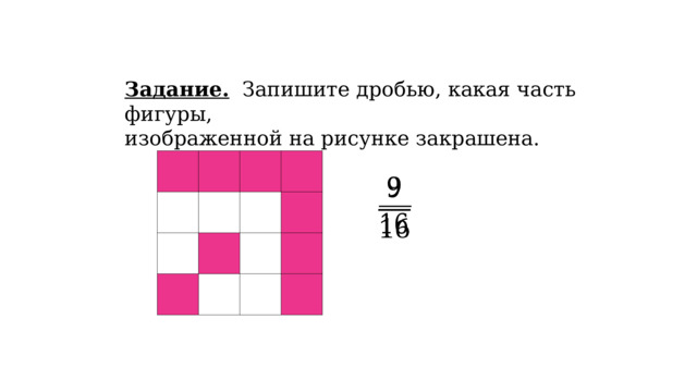  Задание. Запишите дробью, какая часть фигуры, изображенной на рисунке закрашена.   
