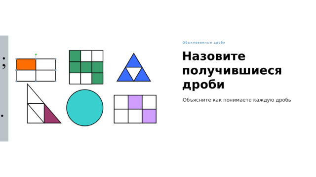 Социально-экономические Предпосылки Великих географических открытий Рост мелкого испанского и португальского дворянства, объединявшего военный опыт со стремлением наживы и религиозным фанатизмом Обыкновенные дроби Назовите получившиеся дроби Прочтите дроби При чтении дробей надо помнить: числитель дроби – количественное числительное женского рода (одна, две, восемь и т.д.), а знаменатель – порядковое числительное (седьмая, сотая и т.д.) Объясните как понимаете каждую дробь 