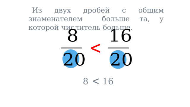  Из двух дробей с общим знаменателем больше та, у которой числитель больше.   8 16 