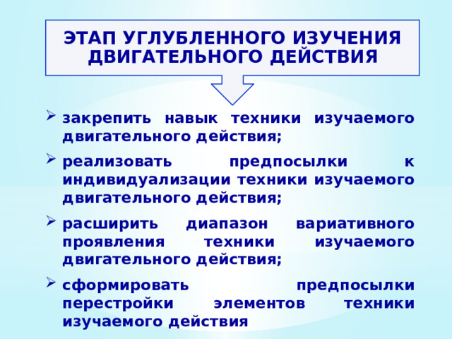 ЭТАП УГЛУБЛЕННОГО ИЗУЧЕНИЯ ДВИГАТЕЛЬНОГО ДЕЙСТВИЯ закрепить навык техники изучаемого двигательного действия;  реализовать предпосылки к индивидуализации техники изучаемого двигательного действия;  расширить диапазон вариативного проявления техники изучаемого двигательного действия;  сформировать предпосылки перестройки элементов техники изучаемого действия 