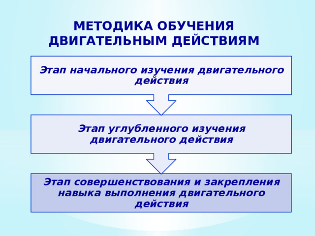 Этап углубленного изучения двигательного действия Этап начального изучения двигательного действия МЕТОДИКА ОБУЧЕНИЯ ДВИГАТЕЛЬНЫМ ДЕЙСТВИЯМ Этап совершенствования и закрепления навыка выполнения двигательного действия 