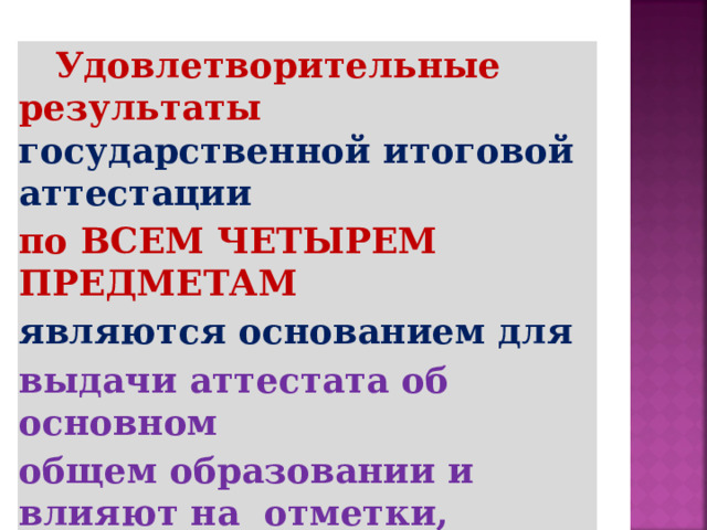  Удовлетворительные результаты  государственной итоговой  аттестации по  ВСЕМ  ЧЕТЫРЕМ  ПРЕДМЕТАМ являются  основанием  для выдачи  аттестата  об  основном общем образовании и влияют на  отметки,  идущие  в  аттестат  по этим  предметам.  