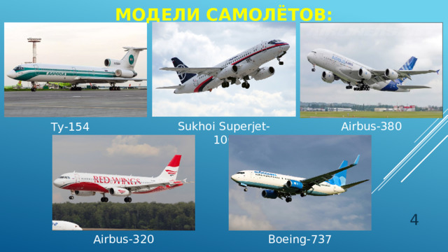 Модели самолётов: Sukhoi Superjet-100 Airbus-380 Ту-154  Airbus-320 Boeing-737 