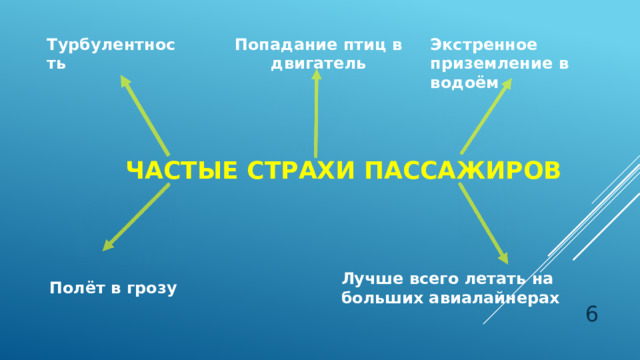 Турбулентность Попадание птиц в двигатель Экстренное приземление в водоём Частые страхи пассажиров Лучше всего летать на больших авиалайнерах Полёт в грозу  