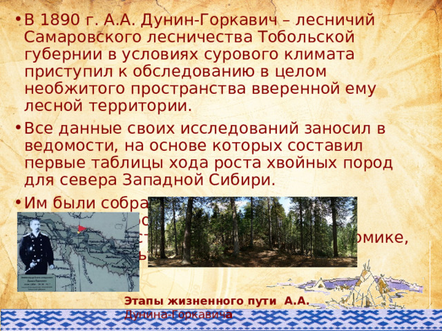 В 1890 г. А.А. Дунин-Горкавич – лесничий Самаровского лесничества Тобольской губернии в условиях сурового климата приступил к обследованию в целом необжитого пространства вверенной ему лесной территории. Все данные своих исследований заносил в ведомости, на основе которых составил первые таблицы хода роста хвойных пород для севера Западной Сибири. Им были собраны, изучены, систематизированы материалы по географии, истории, этнографии, экономике, духовной культуре народов Севера. Этапы жизненного пути А.А. Дунина-Горкавич а 