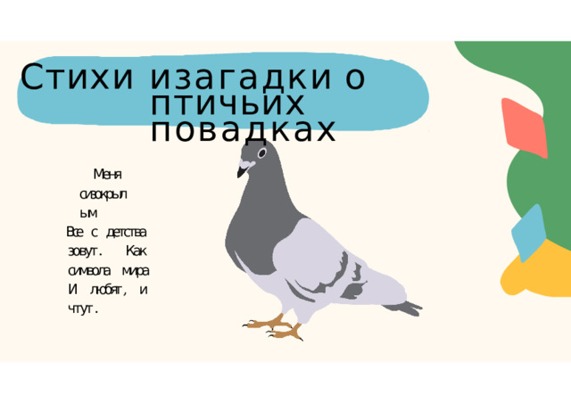 Стихи  и  загадки  о  птичьих повадках Меня  сизокрылым Все  с  детства  зовут . Как  символа  мира И  любят ,  и  чтут . 