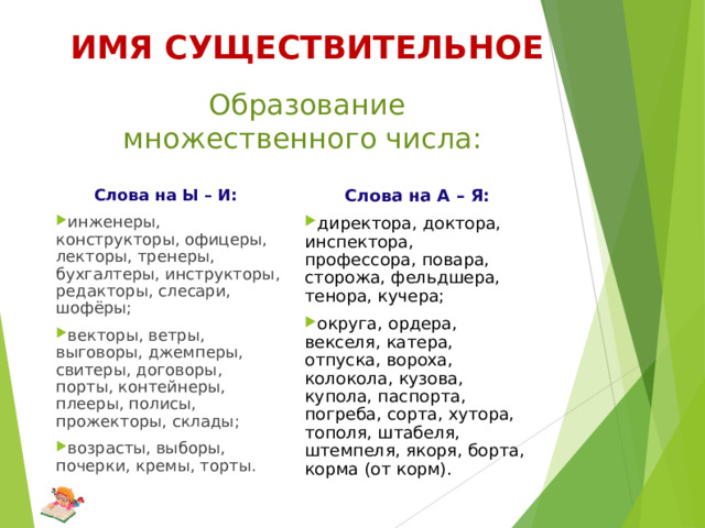 ИМЯ СУЩЕСТВИТЕЛЬНОЕ   Образование множественного числа: Слова на Ы – И: Слова на А – Я: инженеры, конструкторы, офицеры, лекторы, тренеры, бухгалтеры, инструкторы, редакторы, слесари, шофёры; векторы, ветры, выговоры, джемперы, свитеры, договоры, порты, контейнеры, плееры, полисы, прожекторы, склады; возрасты, выборы, почерки, кремы, торты.  директора, доктора, инспектора, профессора, повара, сторожа, фельдшера, тенора, кучера; округа, ордера, векселя, катера, отпуска, вороха, колокола, кузова, купола, паспорта, погреба, сорта, хутора, тополя, штабеля, штемпеля, якоря , борта, корма (от корм).   