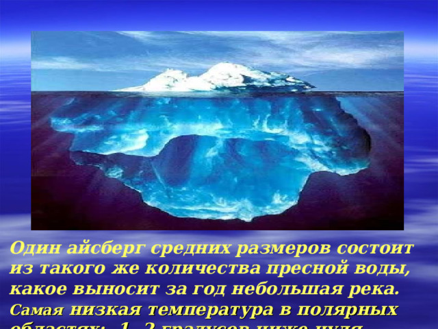 Один айсберг средних размеров состоит из такого же количества пресной воды, какое выносит за год небольшая река. Самая низкая температура в полярных областях: -1,-2 градусов ниже нуля.  