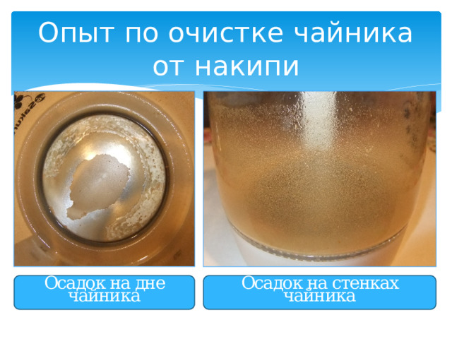 Опыт по очистке чайника от накипи Осадок на дне чайника Осадок на стенках чайника 
