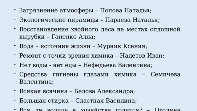 Загрязнение атмосферы – Попова Наталья; Экологические пирамиды – Параева Наталья; Восстановление хвойного леса на местах сплошной вырубки – Ганенко Алла; Вода – источник жизни – Мурник Ксения; Ремонт с точки зрения химика – Налетов Иван; Нет воды - нет еды – Нефедьева Валентина; Средства гигиены глазами химика – Семичева Валентина; Всякая всячина – Белова Александра; Большая стирка – Сластная Василина; Вся ли водица в хозяйстве годится? – Охолина Анастасия; 