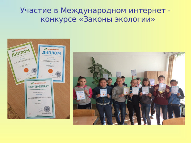 Участие в Международном интернет - конкурсе «Законы экологии»     