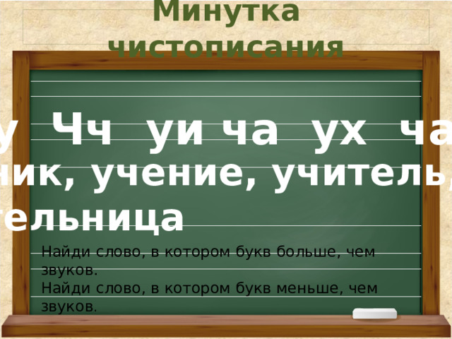 Минутка чистописания Уу Чч уи ча ух ча Ученик, учение, учитель, учительница Найди слово, в котором букв больше, чем звуков. Найди слово, в котором букв меньше, чем звуков . 