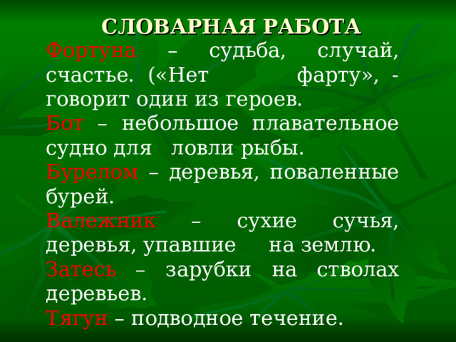 СЛОВАРНАЯ РАБОТА     Фортуна – судьба, случай, счастье. («Нет фарту», - говорит один из героев. Бот – небольшое плавательное судно для ловли рыбы. Бурелом – деревья, поваленные бурей. Валежник – сухие сучья, деревья, упавшие на землю. Затесь – зарубки на стволах деревьев. Тягун – подводное течение. 