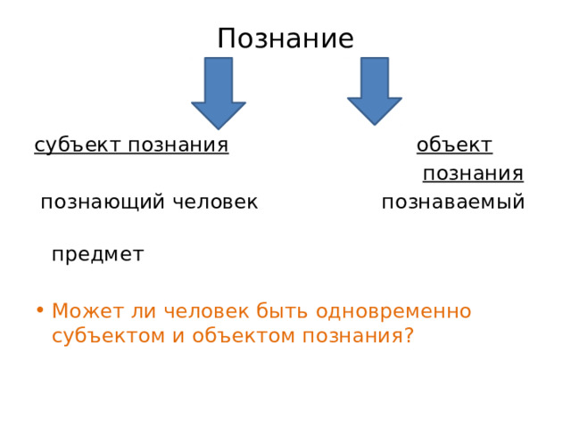 Познание   субъект познания  объект  познания  познающий человек познаваемый  предмет Может ли человек быть одновременно субъектом и объектом познания? 