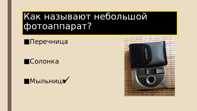 Как называют небольшой фотоаппарат? Перечница Солонка Мыльница 