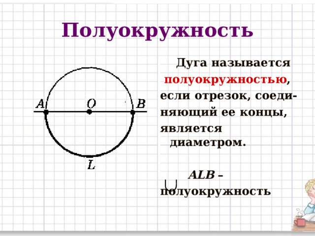 Полуокружность  Дуга называется  полуокружностью , если отрезок, соеди- няющий ее концы, является диаметром.   ALB – полуокружность 