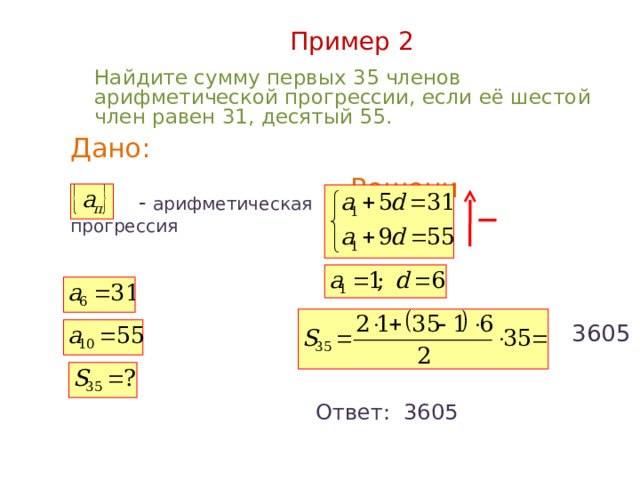 Пример 2  Найдите сумму первых 35 членов арифметической прогрессии, если её шестой член равен 31, десятый 55.  Дано:  Решение:   - арифметическая прогрессия 3605 Ответ: 3605 