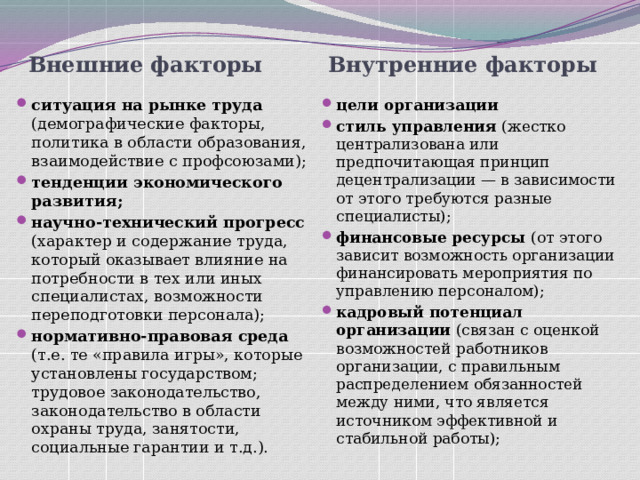 Внешние факторы Внутренние факторы ситуация на рынке труда (демографические факторы, политика в области образования, взаимодействие с профсоюзами); тенденции экономического развития; научно-технический прогресс (характер и содержание труда, который оказывает влияние на потребности в тех или иных специалистах, возможности переподготовки персонала); нормативно-правовая среда (т.е. те «правила игры», которые установлены государством; трудовое законодательство, законодательство в области охраны труда, занятости, социальные гарантии и т.д.). цели организации стиль управления (жестко централизована или предпочитающая принцип децентрализации — в зависимости от этого требуются разные специалисты); финансовые ресурсы (от этого зависит возможность организации финансировать мероприятия по управлению персоналом); кадровый потенциал организации (связан с оценкой возможностей работников организации, с правильным распределением обязанностей между ними, что является источником эффективной и стабильной работы); 