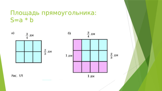 Площадь прямоугольника:  S=a * b 