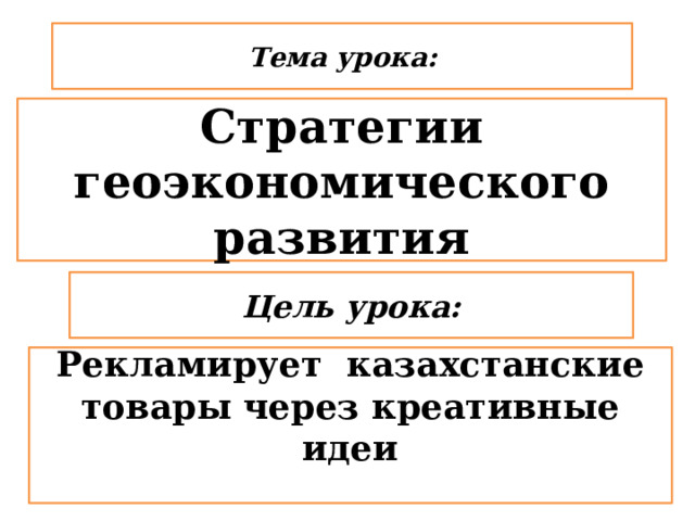 Тема урока: Стратегии геоэкономического развития Цель урока: Рекламирует казахстанские товары через креативные идеи  