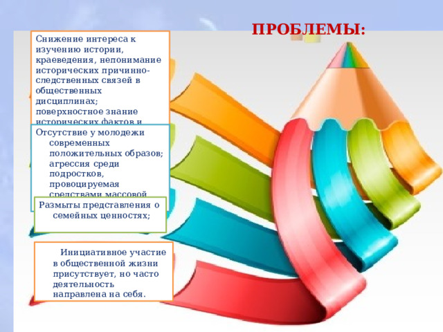 ПРОБЛЕМЫ: Снижение интереса к изучению истории, краеведения, непонимание исторических причинно- следственных связей в общественных дисциплинах; поверхностное знание исторических фактов и событий; Отсутствие у молодежи современных положительных образов; агрессия среди подростков, провоцируемая средствами массовой информации; Размыты представления о семейных ценностях;  Инициативное участие в общественной жизни присутствует, но часто деятельность направлена на себя. 