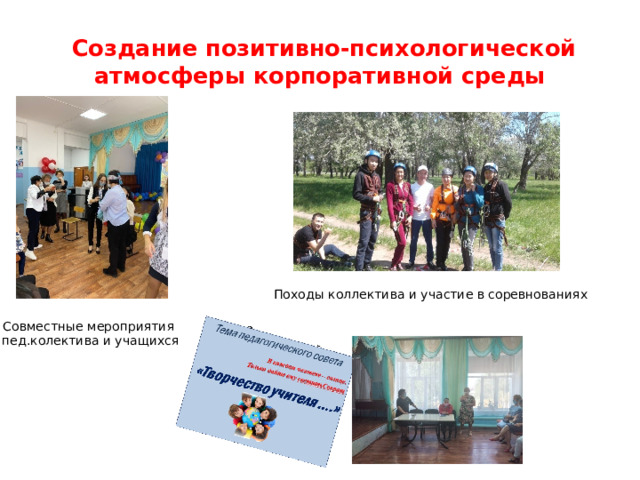  Создание позитивно-психологической атмосферы корпоративной среды Походы коллектива и участие в соревнованиях Совместные мероприятия  пед.колектива и учащихся 