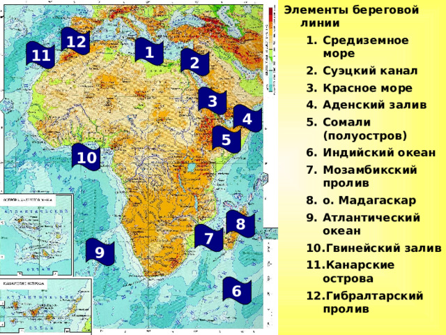 Элементы береговой линии Средиземное море Суэцкий канал Красное море Аденский залив Сомали (полуостров) Индийский океан Мозамбикский пролив о. Мадагаскар Атлантический океан Гвинейский залив Канарские острова Гибралтарский пролив Средиземное море Суэцкий канал Красное море Аденский залив Сомали (полуостров) Индийский океан Мозамбикский пролив о. Мадагаскар Атлантический океан Гвинейский залив Канарские острова Гибралтарский пролив 12 1 11 2 3 4 5 10 8 7 9 6 