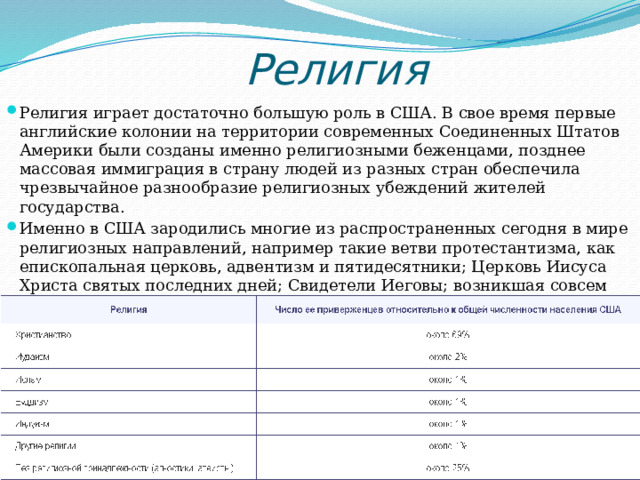 Религия Религия играет достаточно большую роль в США. В свое время первые английские колонии на территории современных Соединенных Штатов Америки были созданы именно религиозными беженцами, позднее массовая иммиграция в страну людей из разных стран обеспечила чрезвычайное разнообразие религиозных убеждений жителей государства. Именно в США зародились многие из распространенных сегодня в мире религиозных направлений, например такие ветви протестантизма, как епископальная церковь, адвентизм и пятидесятники; Церковь Иисуса Христа святых последних дней; Свидетели Иеговы; возникшая совсем недавно, в середине прошлого века, сайентология и некоторые другие.   