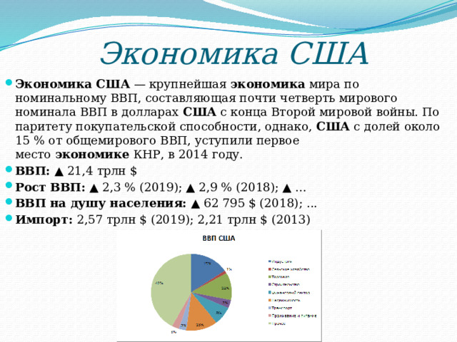 Экономика США Экономика США  — крупнейшая  экономика  мира по номинальному ВВП, составляющая почти четверть мирового номинала ВВП в долларах  США  с конца Второй мировой войны. По паритету покупательской способности, однако,  США  с долей около 15 % от общемирового ВВП, уступили первое место  экономике  КНР, в 2014 году. ВВП:  ▲ 21,4 трлн $ Рост ВВП:  ▲ 2,3 % (2019); ▲ 2,9 % (2018); ▲ ... ВВП на душу населения:  ▲ 62 795 $ (2018); ... Импорт:  2,57 трлн $ (2019); 2,21 трлн $ (2013) 