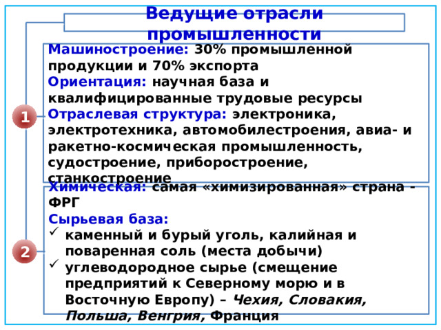 Ведущие отрасли промышленности  Машиностроение: 30% промышленной продукции и 70% экспорта Ориентация: научная база и квалифицированные трудовые ресурсы Отраслевая структура: электроника, электротехника, автомобилестроения, авиа- и ракетно-космическая промышленность, судостроение, приборостроение, станкостроение  1  Химическая: самая «химизированная» страна - ФРГ Сырьевая база: каменный и бурый уголь, калийная и поваренная соль (места добычи) углеводородное сырье (смещение предприятий к Северному морю и в Восточную Европу) – Чехия, Словакия, Польша, Венгрия, Франция  2 