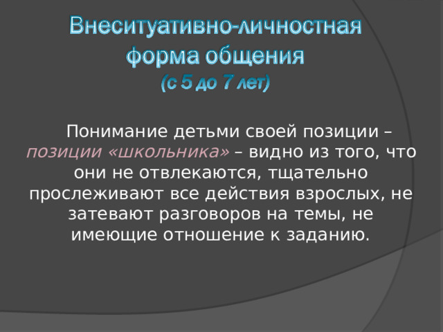 Понимание детьми своей позиции – позиции «школьника» – видно из того, что они не отвлекаются, тщательно прослеживают все действия взрослых, не затевают разговоров на темы, не имеющие отношение к заданию. 