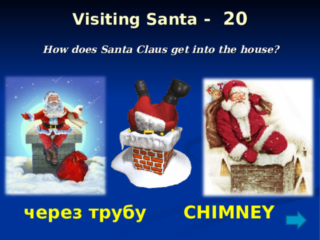 Visiting Santa - 20 How does Santa Claus get into the house?    через трубу CHIMNEY 