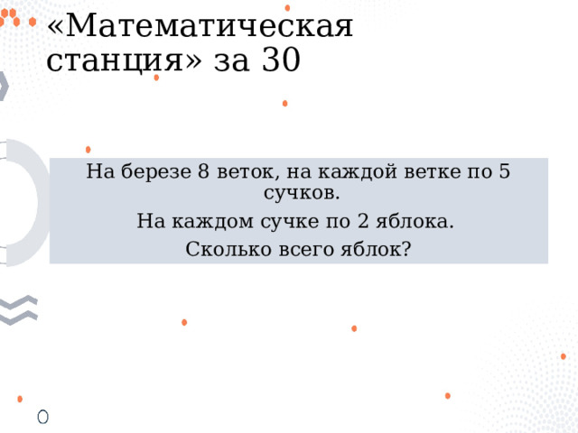 «Математическая станция» за 30 На березе 8 веток, на каждой ветке по 5 сучков. На каждом сучке по 2 яблока. Сколько всего яблок? 
