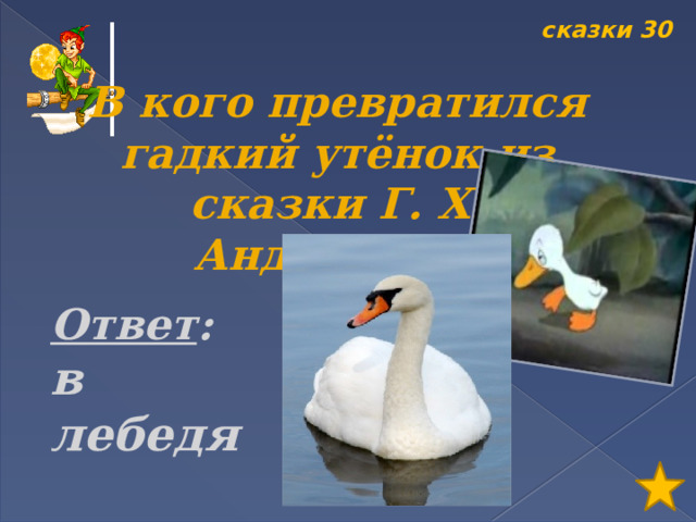 сказки 30 В кого превратился гадкий утёнок из сказки Г. Х. Андерсена? Ответ : в лебедя 