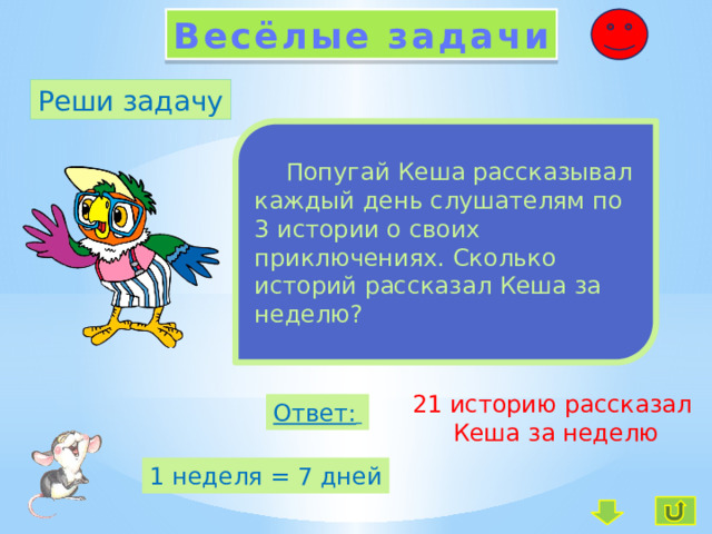 Весёлые задачи Реши задачу  Попугай Кеша рассказывал каждый день слушателям по 3 истории о своих приключениях. Сколько историй рассказал Кеша за неделю? 21 историю рассказал Кеша за неделю Ответ:  1 неделя = 7 дней 