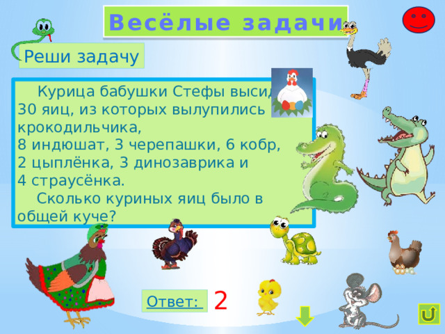 Весёлые задачи Реши задачу  Курица бабушки Стефы высидела 30 яиц, из которых вылупились 4 крокодильчика, 8 индюшат, 3 черепашки, 6 кобр, 2 цыплёнка, 3 динозаврика и 4 страусёнка.  Сколько куриных яиц было в общей куче? 2 Ответ: 