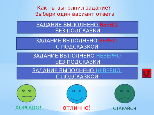 Как ты выполнил задание? Выбери один вариант ответа ЗАДАНИЕ ВЫПОЛНЕНО ВЕРНО БЕЗ ПОДСКАЗКИ ЗАДАНИЕ ВЫПОЛНЕНО ВЕРНО С ПОДСКАЗКОЙ ЗАДАНИЕ ВЫПОЛНЕНО НЕВЕРНО  БЕЗ ПОДСКАЗКИ ЗАДАНИЕ ВЫПОЛНЕНО НЕВЕРНО С ПОДСКАЗКОЙ отлично! ХОРОШО! СТАРАЙСЯ 