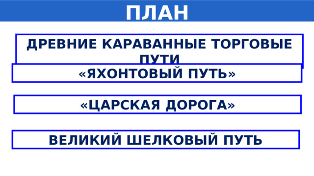 ПЛАН ДРЕВНИЕ КАРАВАННЫЕ ТОРГОВЫЕ ПУТИ «ЯХОНТОВЫЙ ПУТЬ» «ЦАРСКАЯ ДОРОГА» ВЕЛИКИЙ ШЕЛКОВЫЙ ПУТЬ 