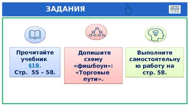  ЗАДАНИЯ  3 1 Прочитайте учебник §18. Стр. 55 – 58.   Допишите схему Выполните самостоятельную работу на стр. 58. «фишбоун»: «Торговые пути». 