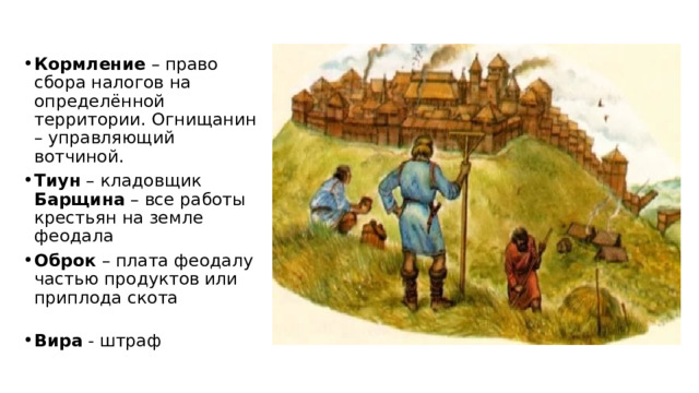 Кормление – право сбора налогов на определённой территории. Огнищанин – управляющий вотчиной. Тиун – кладовщик  Барщина – все работы крестьян на земле феодала Оброк – плата феодалу частью продуктов или приплода скота   Вира - штраф 