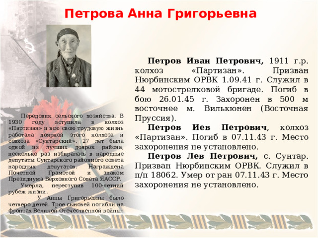 Петрова Анна Григорьевна Петров Иван Петрович, 1911 г.р. колхоз « Партизан » . Призван Нюрбинским ОРВК 1.09.41 г. Служил в 44 мотострелковой бригаде. Погиб в бою 26.01.45 г. Захоронен в 500 м восточнее м. Вилькюнен (Восточная Пруссия). Петров Иев Петрович , колхоз « Партизан » . Погиб в 07.11.43 г. Место захоронения не установлено. Петров Лев Петрович, с. Сунтар. Призван Нюрбинским ОРВК. Служил в п/п 18062. Умер от ран 07.11.43 г. Место захоронения не установлено. Передовик сельского хозяйства. В 1930 году вступила в колхоз « Партизан » и всю свою трудовую жизнь работала дояркой этого колхоза и совхоза « Сунтарский » . 27 лет была одной из лучших доярок района, несколько раз избиралась в народные депутаты Сунтарского районного совета народных депутатов. Награждена Почетной Грамотой и знаком Президиума Верховного Совета ЯАССР. Умерла, переступив 100-летний рубеж жизни.  У Анны Григорьевны было четверо детей. Трое сыновей погибли на фронтах Великой Отечественной войны: 