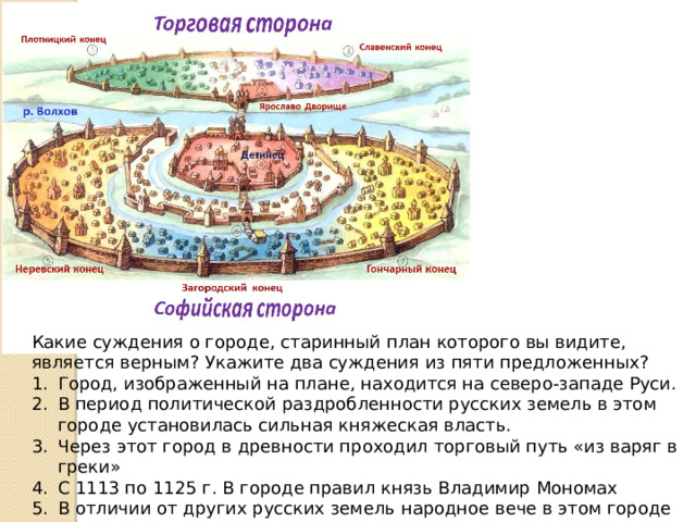 Какие суждения о городе, старинный план которого вы видите, является верным? Укажите два суждения из пяти предложенных? Город, изображенный на плане, находится на северо-западе Руси. В период политической раздробленности русских земель в этом городе установилась сильная княжеская власть. Через этот город в древности проходил торговый путь «из варяг в греки» С 1113 по 1125 г. В городе правил князь Владимир Мономах В отличии от других русских земель народное вече в этом городе почти не созывалось. 