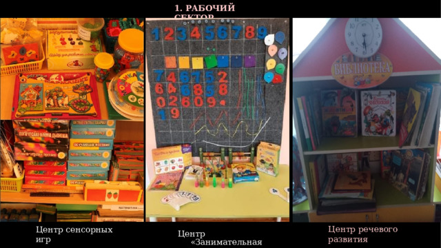1.  РАБОЧИЙ  СЕКТОР Центр  речевого  развития Центр  сенсорных игр Центр  «Занимательная математика» 