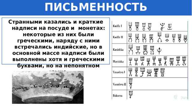 ПИСЬМЕННОСТЬ Странными казались и краткие надписи на посуде и монетах: некоторые из них были греческими, наряду с ними встречались индийские, но в основной массе надписи были выполнены хотя и греческими буквами, но на непонятном языке. 