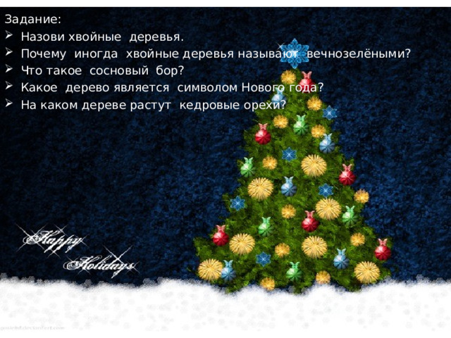 Задание: Назови хвойные деревья. Почему иногда хвойные деревья называют вечнозелёными? Что такое сосновый бор? Какое дерево является символом Нового года? На каком дереве растут кедровые орехи?  